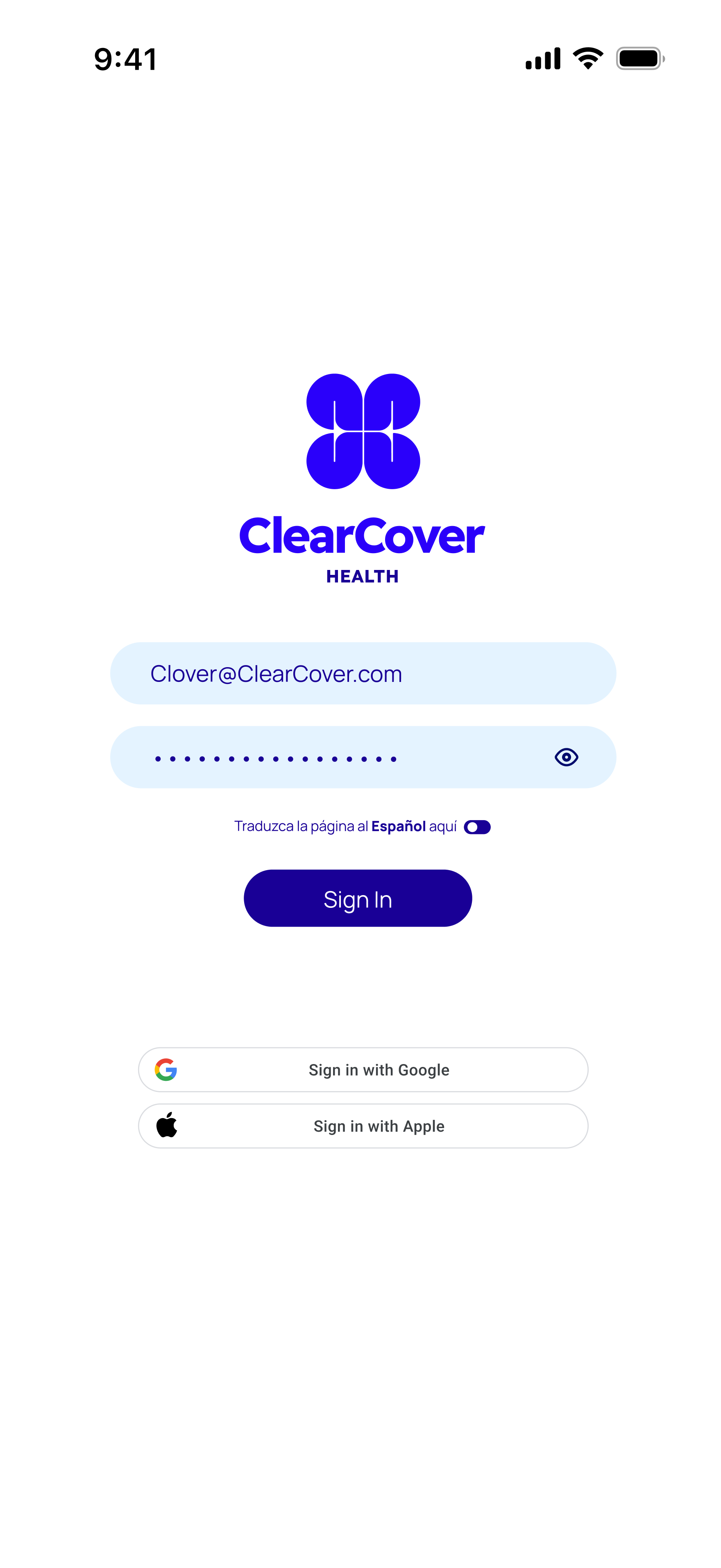Sign in screen